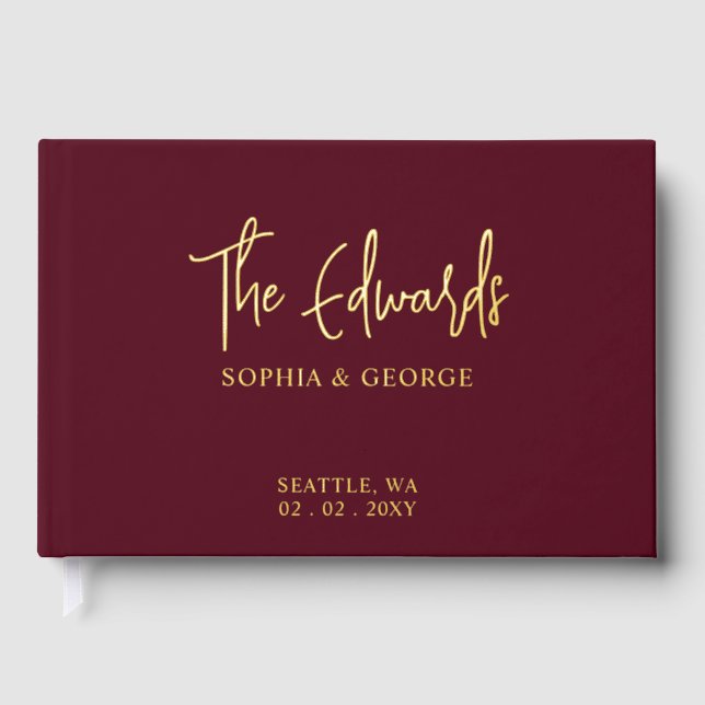 Elegant Modern Burgundy and Gold Wedding Guest Book (Front)