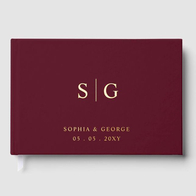 Elegant Modern Burgundy and Gold Wedding Guest Book (Front)