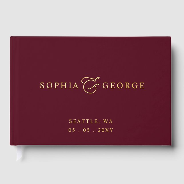 Elegant Modern Burgundy and Gold Wedding Guest Book (Front)