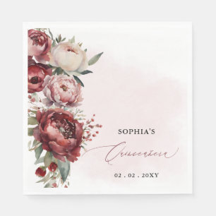 Elegant Modern Burgundy Blush Floral Quinceañera  Napkin