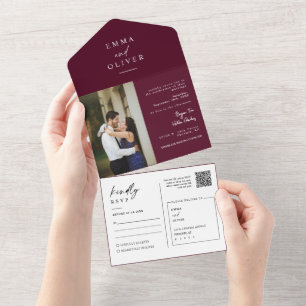 Elegant Modern Burgundy Boho QR Code Photo RSVP All In One Invitation