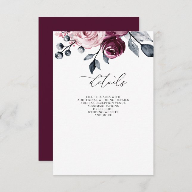 Elegant Modern Burgundy Floral Wedding Enclosure Card (Front/Back)