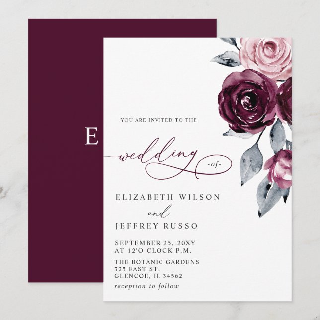 Elegant Modern Burgundy Floral Wedding Invitation (Front/Back)