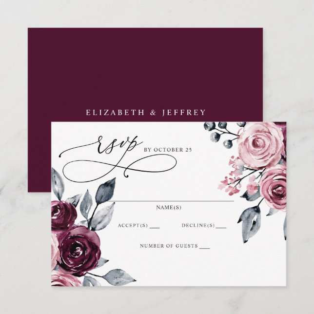 Elegant Modern Burgundy Floral Wedding RSVP Card (Front/Back)