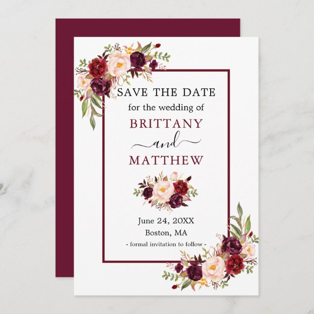 Elegant Modern Burgundy Frame Floral Save The Date (Front/Back)