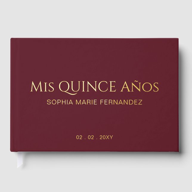 Elegant Modern Burgundy Quinceañera Guest Book (Front)