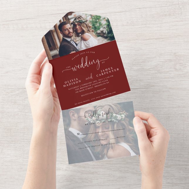 Elegant Modern Burgundy Red Script 2 Photo Wedding All In One Invitation (Tearaway)