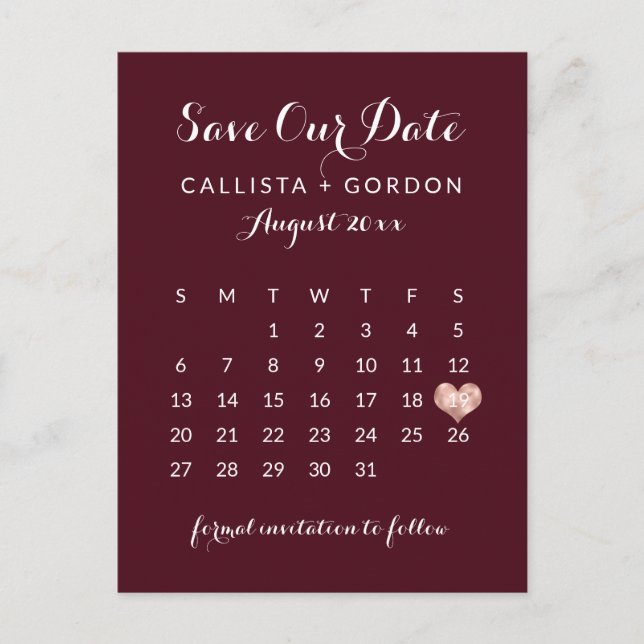 Elegant Modern Burgundy Rose Gold Heart Calendar Announcement Postcard (Front)