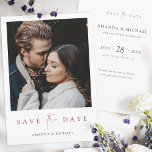 Elegant Modern Burgundy Script Photo Wedding Save The Date<br><div class="desc">This simply chic photo wedding save the date flat card template features an elegant, minimalist, modern design. Please browse our shop for versions of this design in other colors and in a postcard format, too! The front features your first names under your favorite photo and a 'save the date' message...</div>