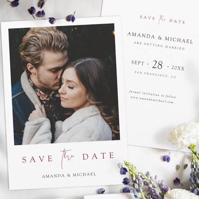 Elegant Modern Burgundy Script Photo Wedding Save The Date (Creator Uploaded)