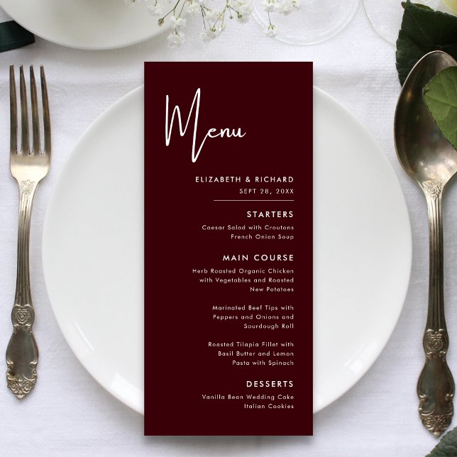 Elegant & Modern Burgundy Wedding Menu (Elegant modern burgundy wedding menu presents your dishes with refined, inviting style.)