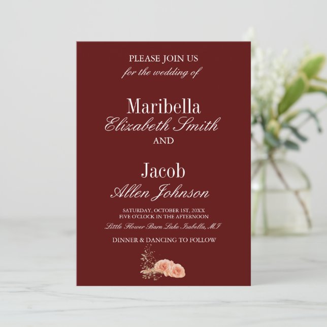Elegant Modern Burgundy & White Rose Wedding  Invitation (Standing Front)