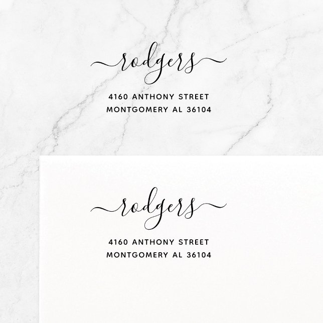 Elegant Modern Calligraphy 08 | Return Address Self-inking Stamp (Modern, elegant calligraphy script font with swashes family name self-inking return address stamp.)