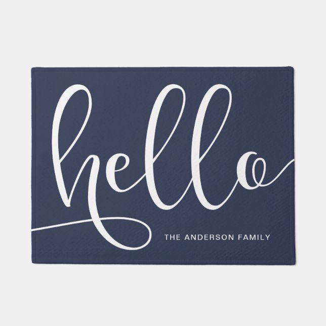 Elegant modern calligraphy black & navy blue hello doormat (Front)