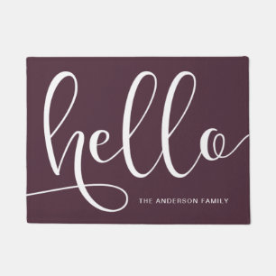 Elegant modern calligraphy black & purple hello doormat