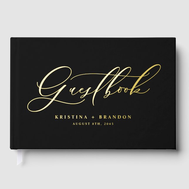 Elegant Modern Calligraphy Black Wedding Guest Book (Front)