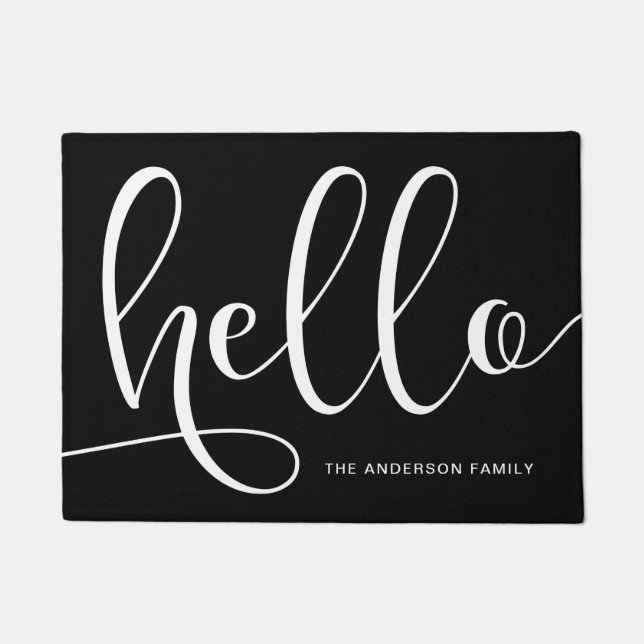 Elegant modern calligraphy black & white hello doormat (Front)