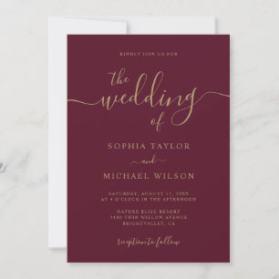 Elegant Modern Calligraphy Burgundy & Gold Wedding Invitation