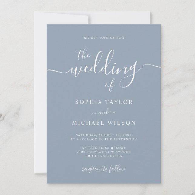 Elegant Modern Calligraphy Dusty Blue Wedding Invitation (Front)
