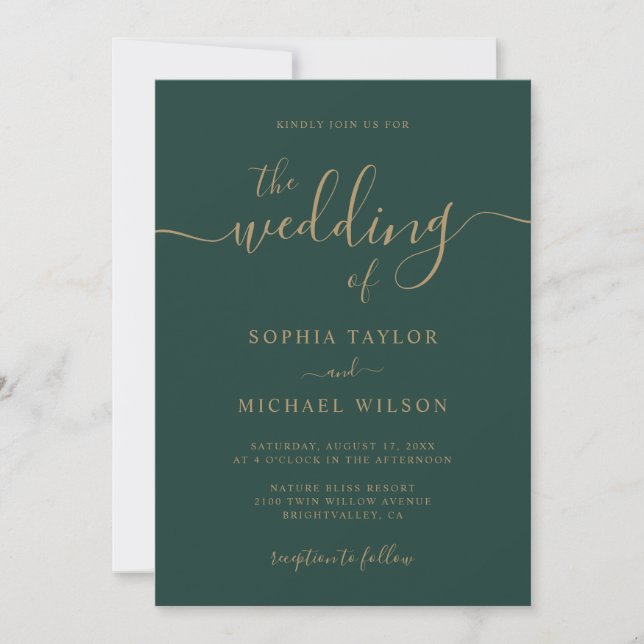 Elegant Modern Calligraphy Emerald & Gold Wedding Invitation (Front)