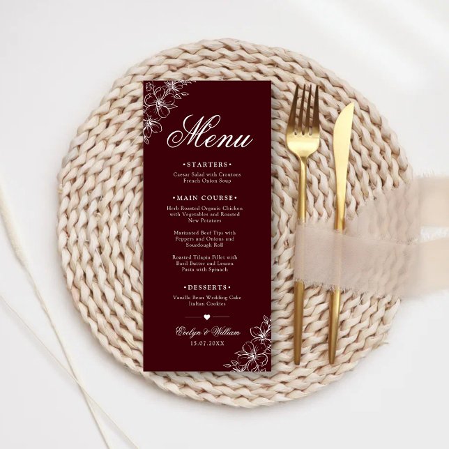 Elegant Modern Calligraphy Floral Burgundy Wedding Menu (Elegant burgundy floral wedding menu with modern calligraphy and timeless elegance.)