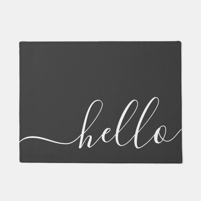 Elegant modern calligraphy grey & white hello doormat (Front)