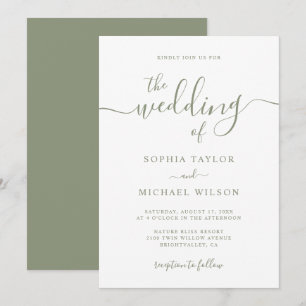Elegant Modern Calligraphy Sage Green Wedding Invitation