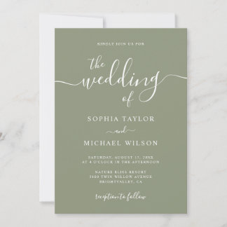 Elegant Modern Calligraphy Sage Green Wedding Invitation