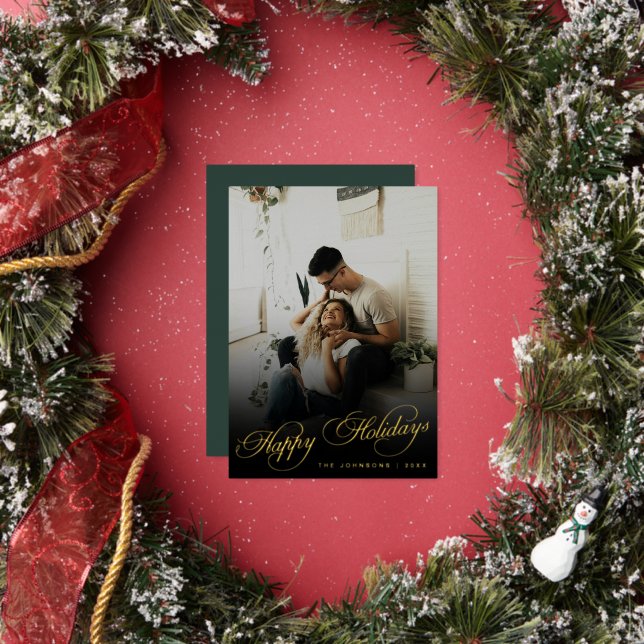Elegant Modern Calligraphy Script Christmas Photo Foil Holiday Card (Insitu)