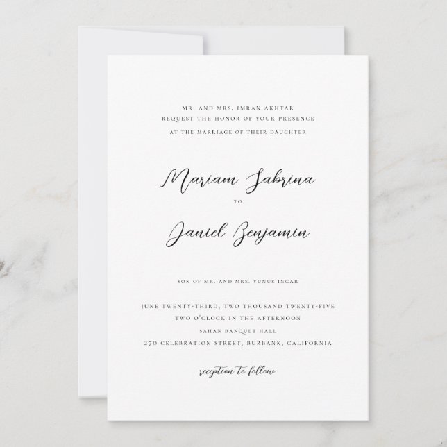 Elegant Modern Calligraphy Script White Wedding Invitation (Front)