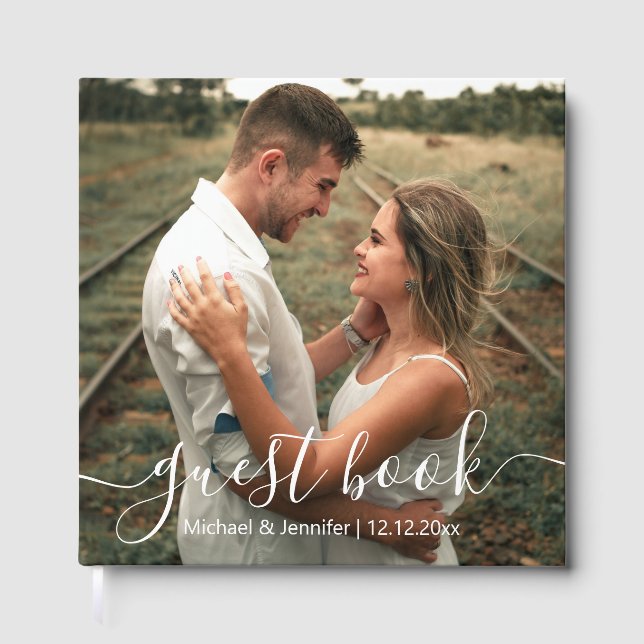 elegant modern calligraphy simple wedding photo  guest book (Front)