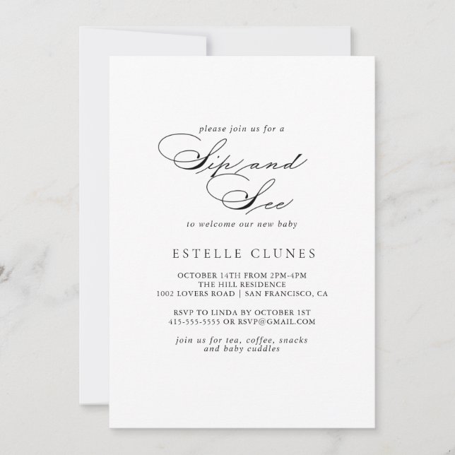 Elegant Modern Calligraphy Sip and See  Invitation (Front)