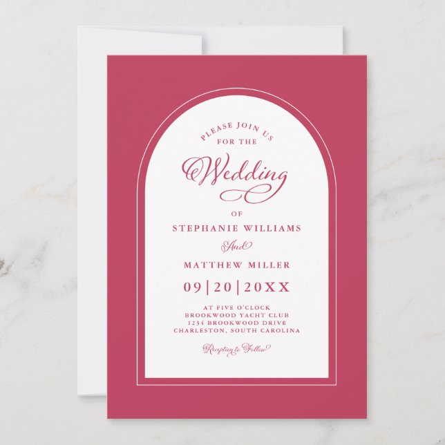 Elegant Modern Calligraphy Wedding Magenta Red  Invitation (Front)