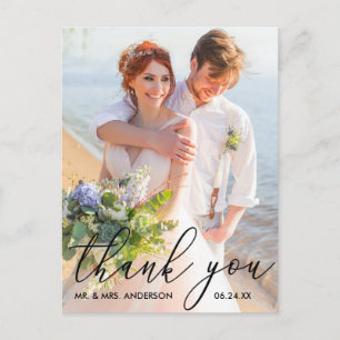 Elegant Modern Calligraphy Wedding Photo Thank You Postcard