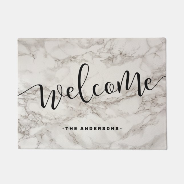 Elegant modern calligraphy white marble welcome doormat (Front)