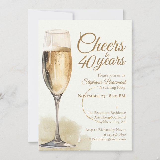Elegant Modern Champagne Cheers 40th Birthday Invitation (Front)