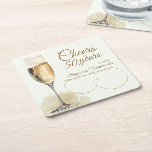 Elegant Modern Champagne Cheers 50th Birthday Square Paper Coaster