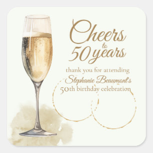 Elegant Modern Champagne Cheers 50th Birthday Square Sticker