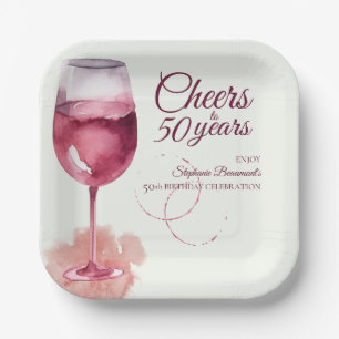 Elegant Modern Cheers Red Wine 50th Birthday Party Paper Plate