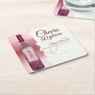 Elegant Modern Cheers Red Wine 50th Birthday Party Square Paper Coaster