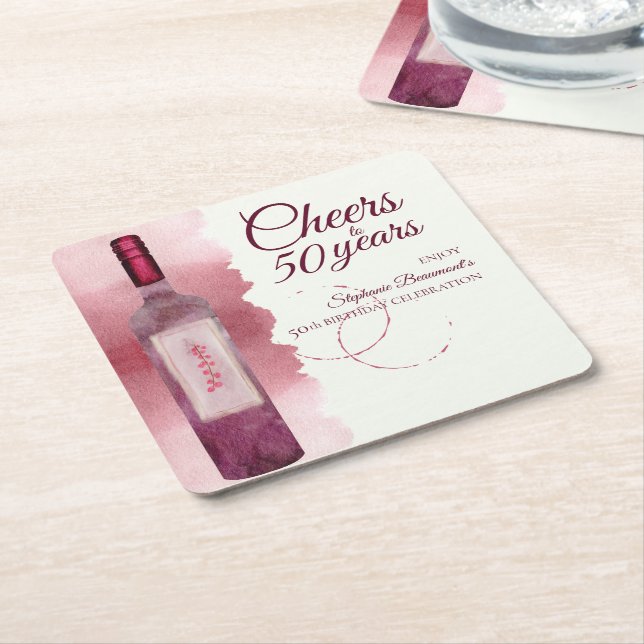 Elegant Modern Cheers Red Wine 50th Birthday Party Square Paper Coaster (Angled)