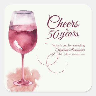 Elegant Modern Cheers Red Wine 50th Birthday Party Square Sticker