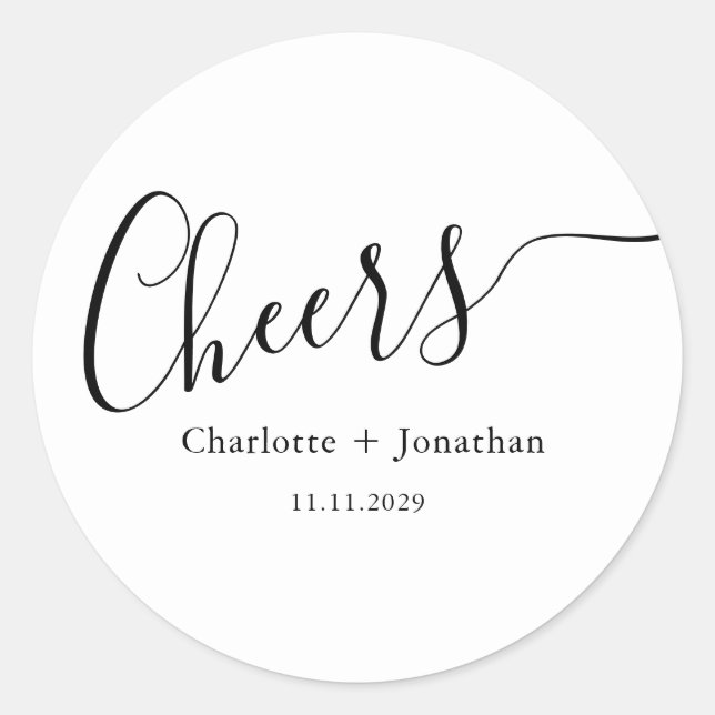Elegant modern cheers script minimalist wedding classic round sticker (Front)