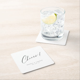 Elegant modern cheers script minimalist wedding square paper coaster