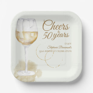 Elegant Modern Cheers White Wine 50th Birthday Paper Plate