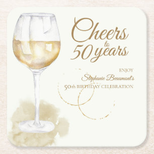 Elegant Modern Cheers White Wine 50th Birthday Square Paper Coaster