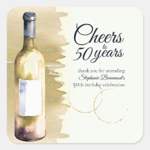 Elegant Modern Cheers White Wine 50th Birthday Square Sticker