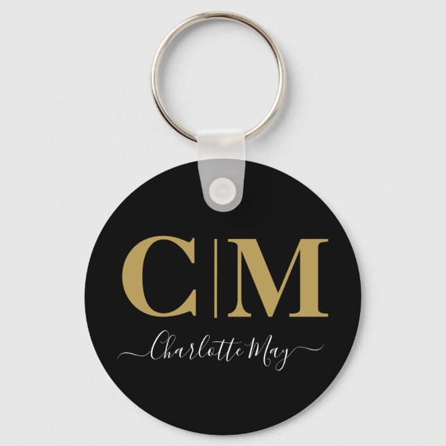 Elegant Modern Chic Black Gold Business Monogram Keychain (Front)