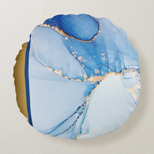 Elegant Modern Chic Blue and Gold Marble Pattern  Round Pillow (Front)