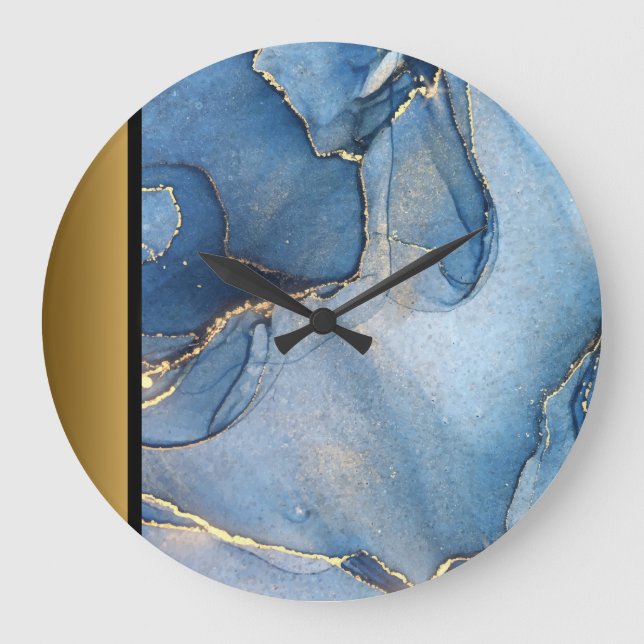 Elegant Modern Chic Blue Gold Marble Pattern  Large Clock (Front)